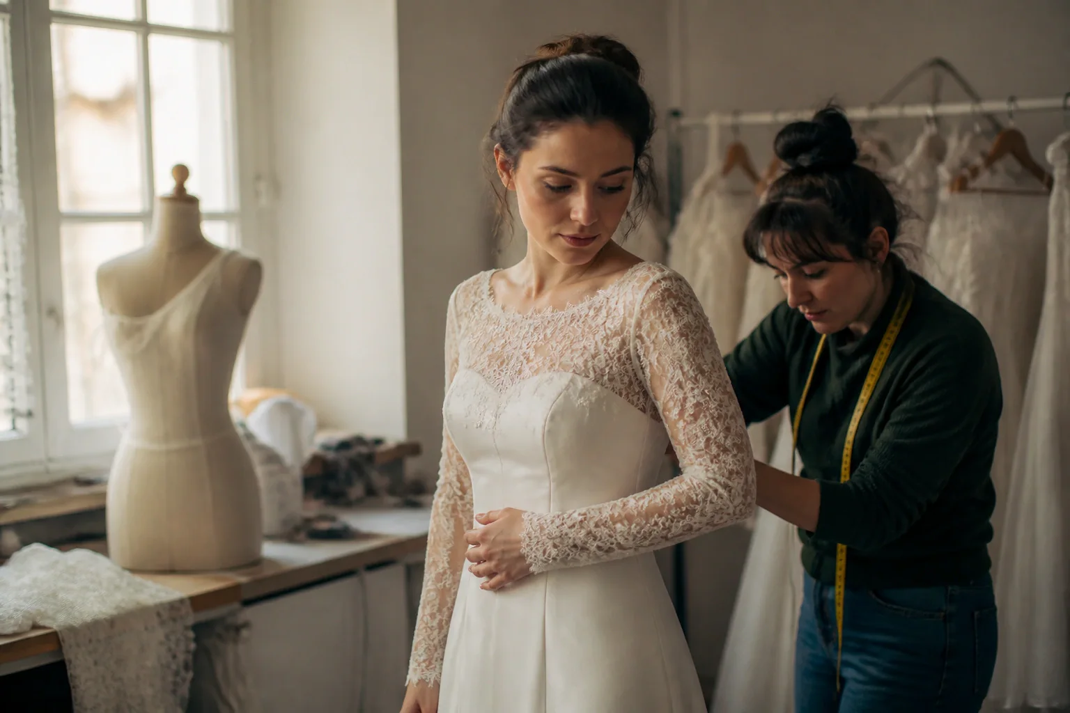 Robe de mariée dans un atelier de confection — illustration générée par IA