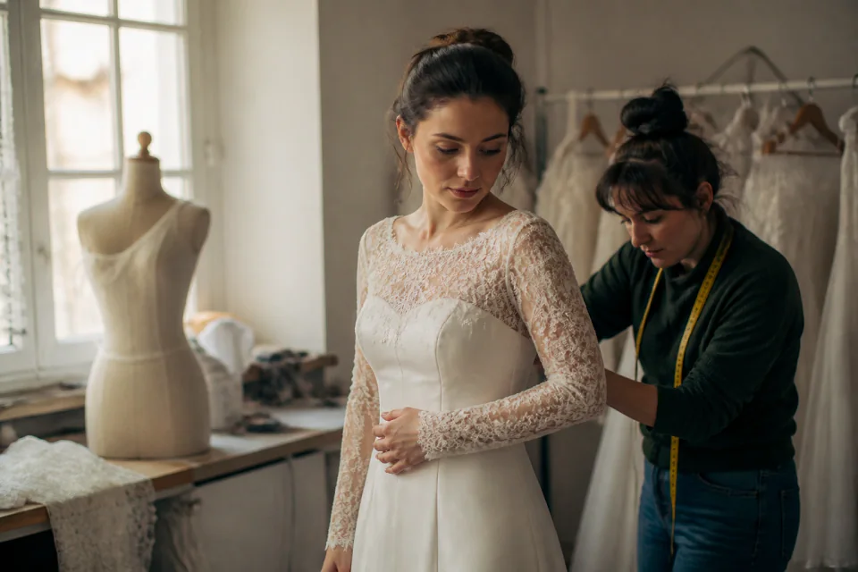 Robe de mariée dans un atelier de confection — illustration générée par IA
