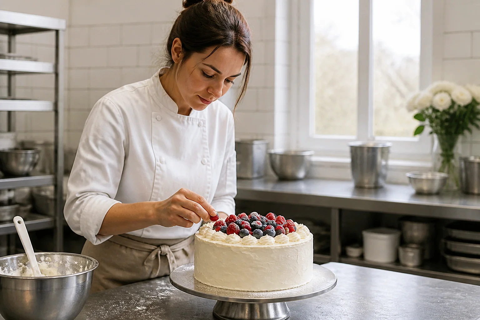 Gâteau de mariage préparé dans un atelier — illustration générée par IA