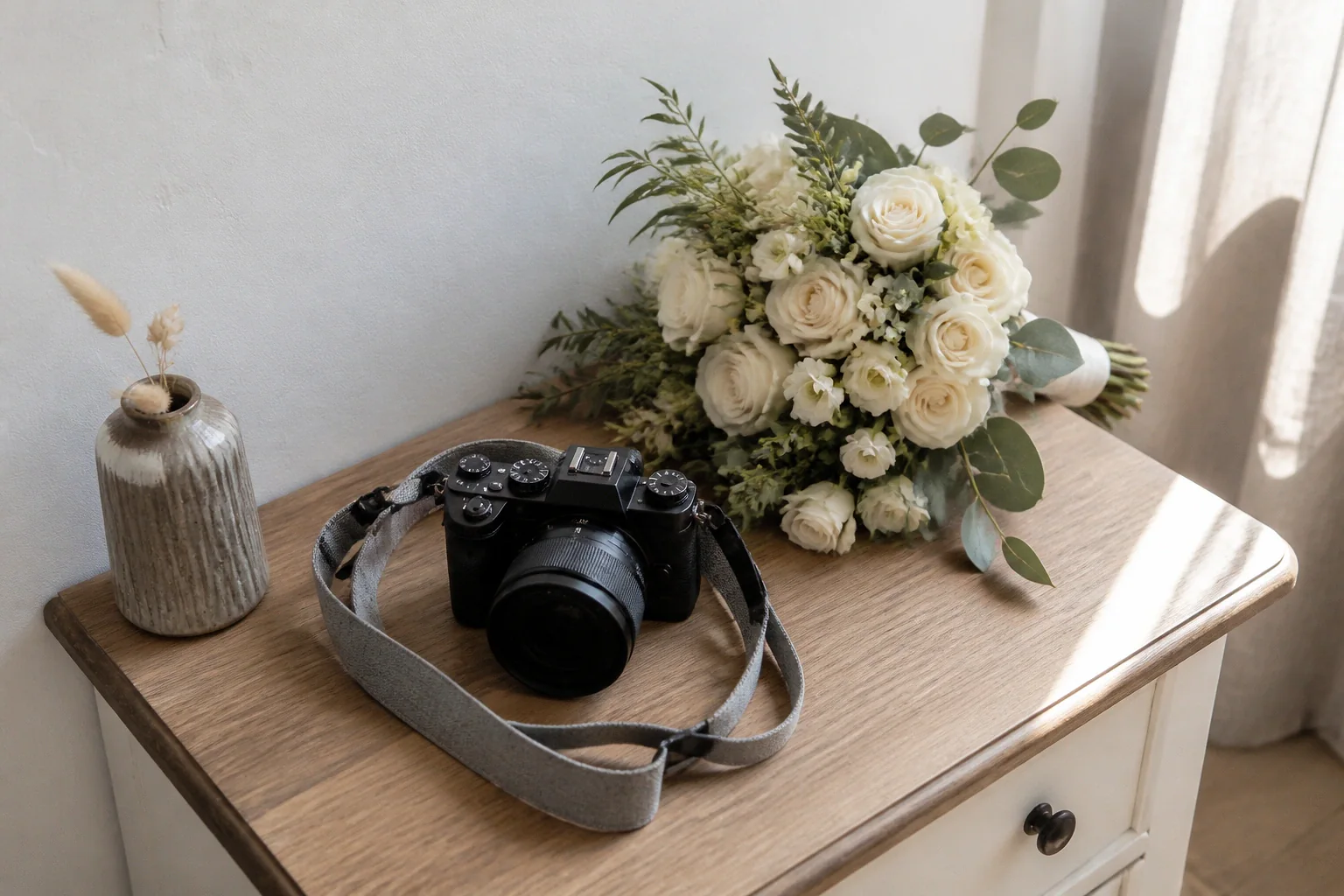 Appareil photo et accessoires de reportage de mariage — illustration générée par IA