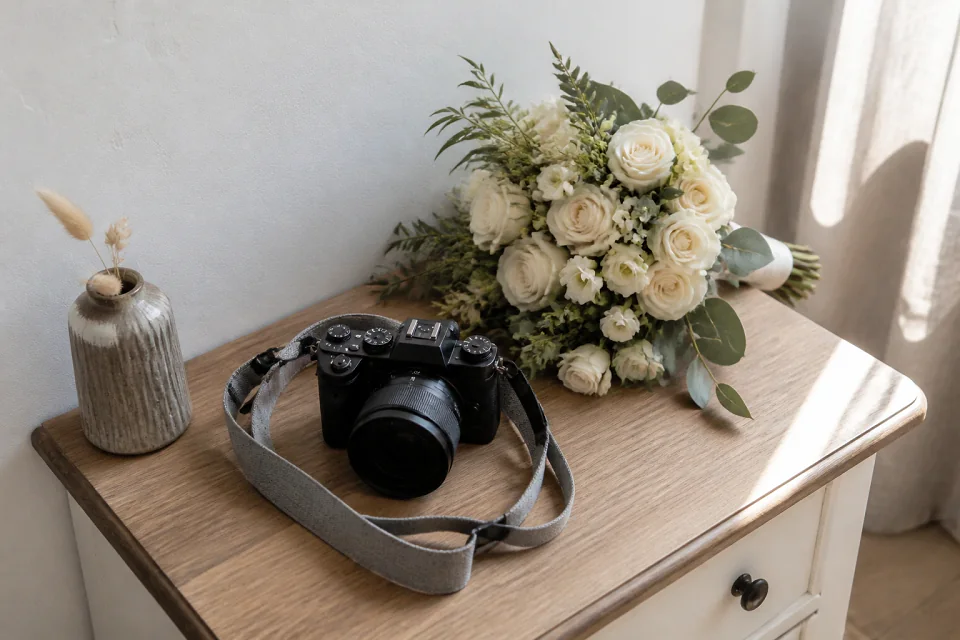 Appareil photo et accessoires de reportage de mariage — illustration générée par IA