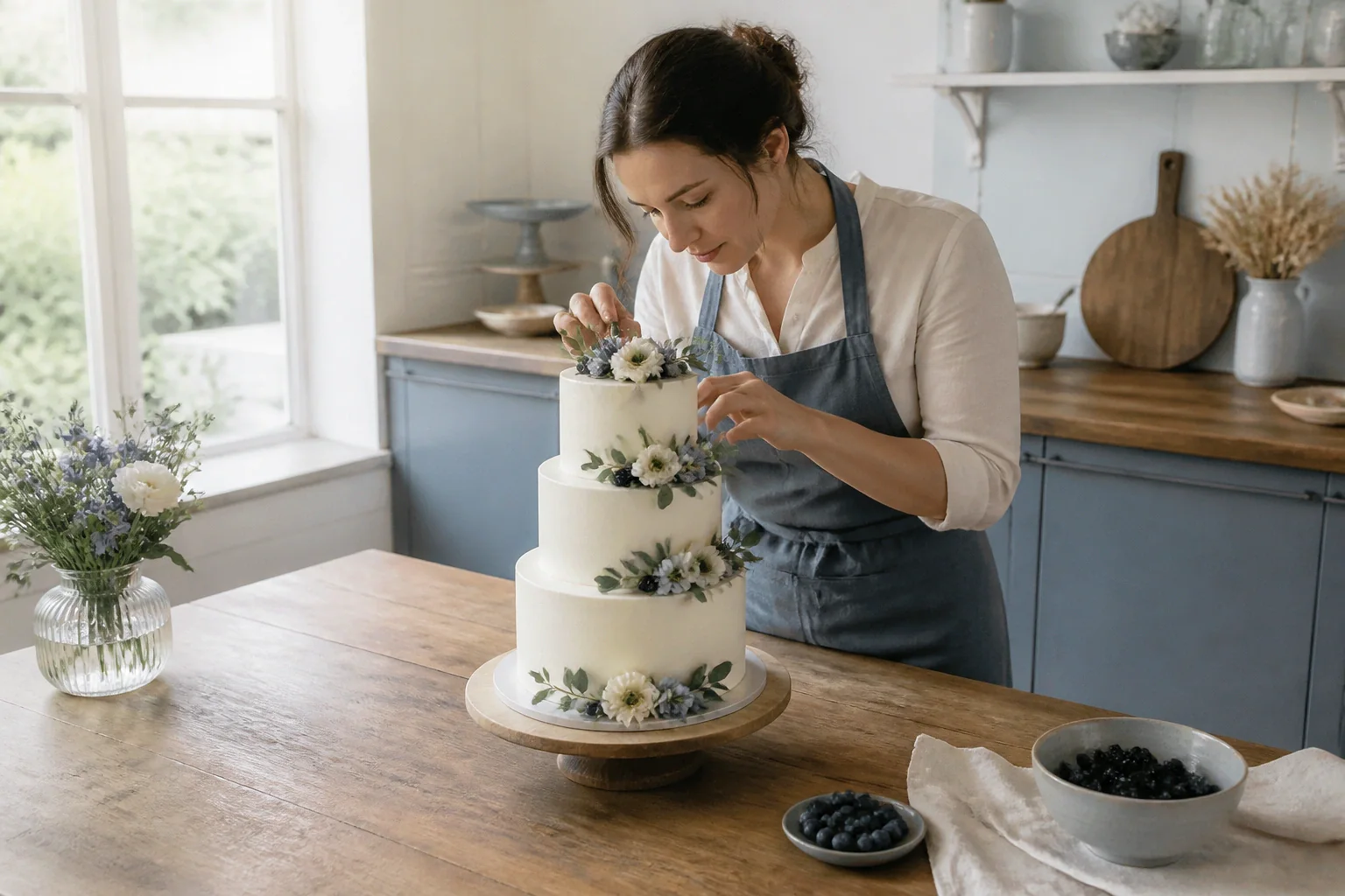 Gâteau de mariage préparé dans un atelier — illustration générée par IA