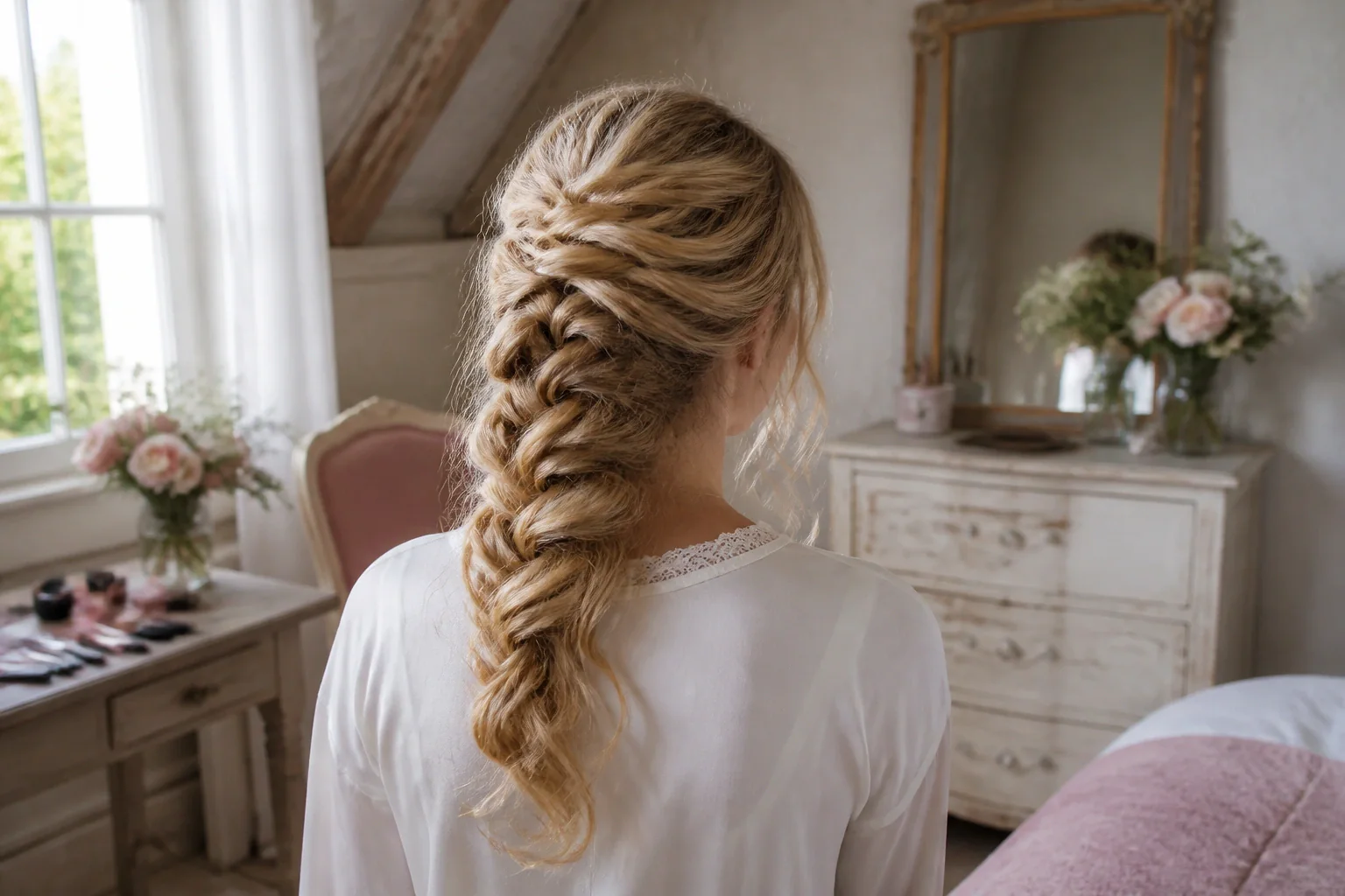 Coiffure de cérémonie vue pendant la préparation — illustration générée par IA