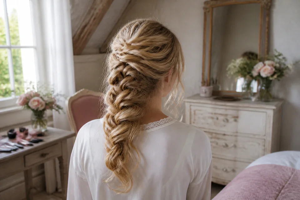 Coiffure de cérémonie vue pendant la préparation — illustration générée par IA