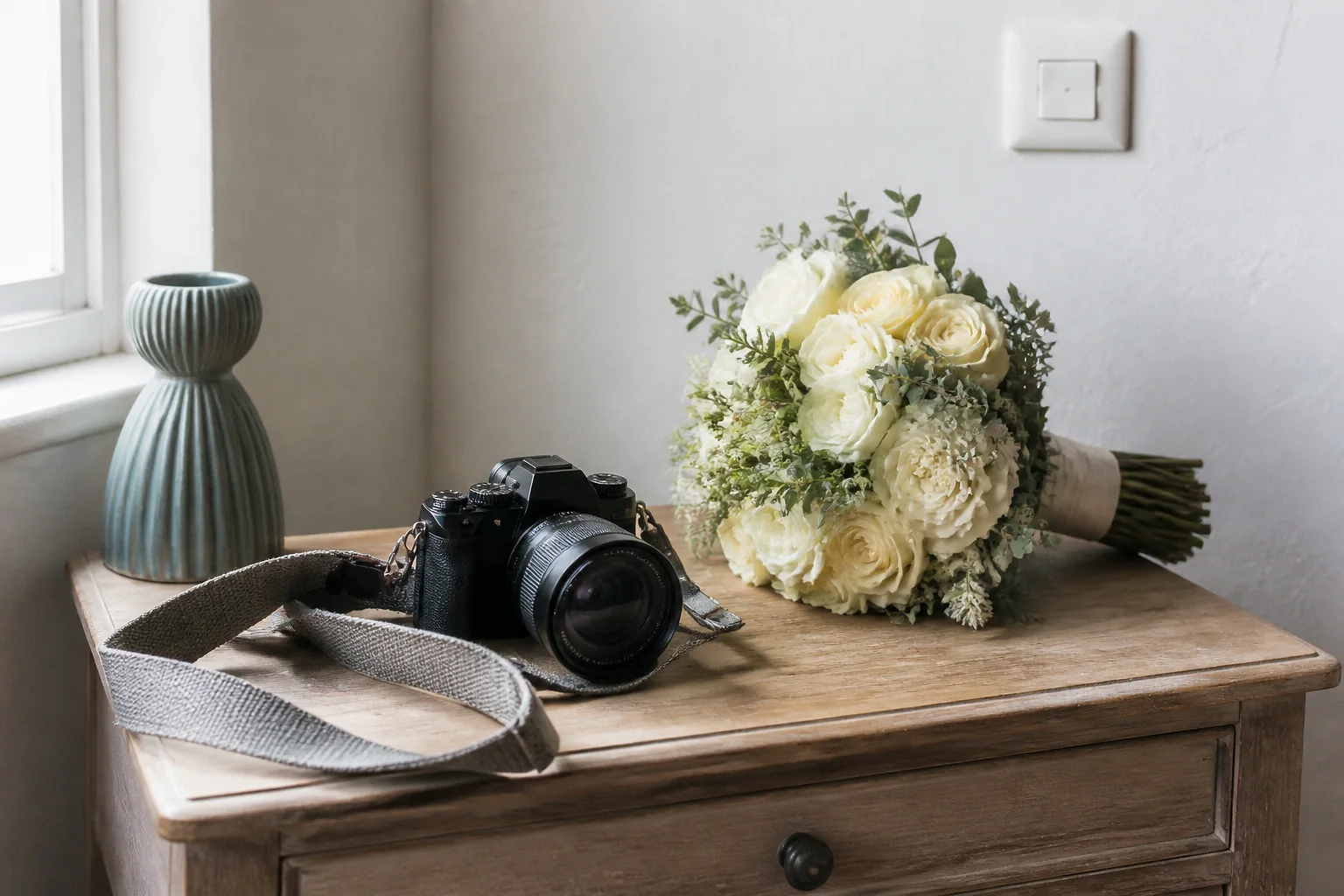 Appareil photo et accessoires de reportage de mariage — illustration générée par IA