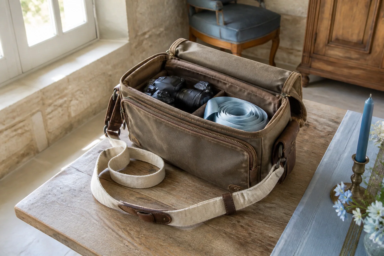 Appareil photo et accessoires de reportage de mariage — illustration générée par IA