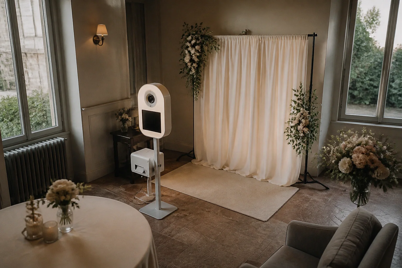 Borne photo installée pour une réception de mariage — illustration générée par IA