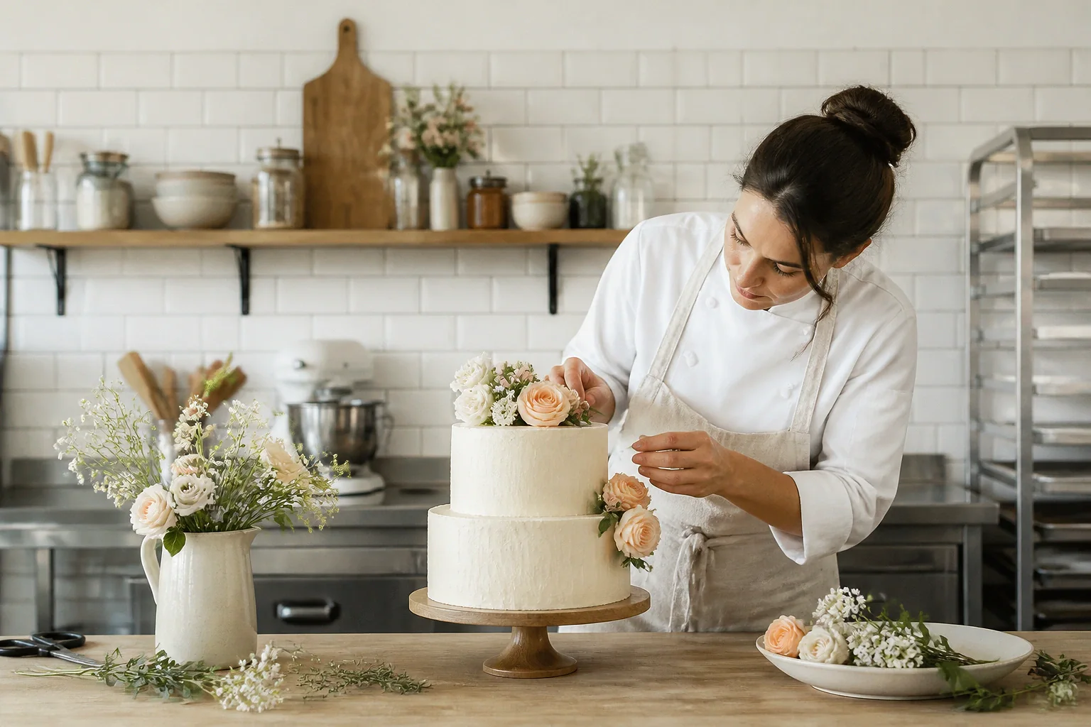 Gâteau de mariage préparé dans un atelier — illustration générée par IA