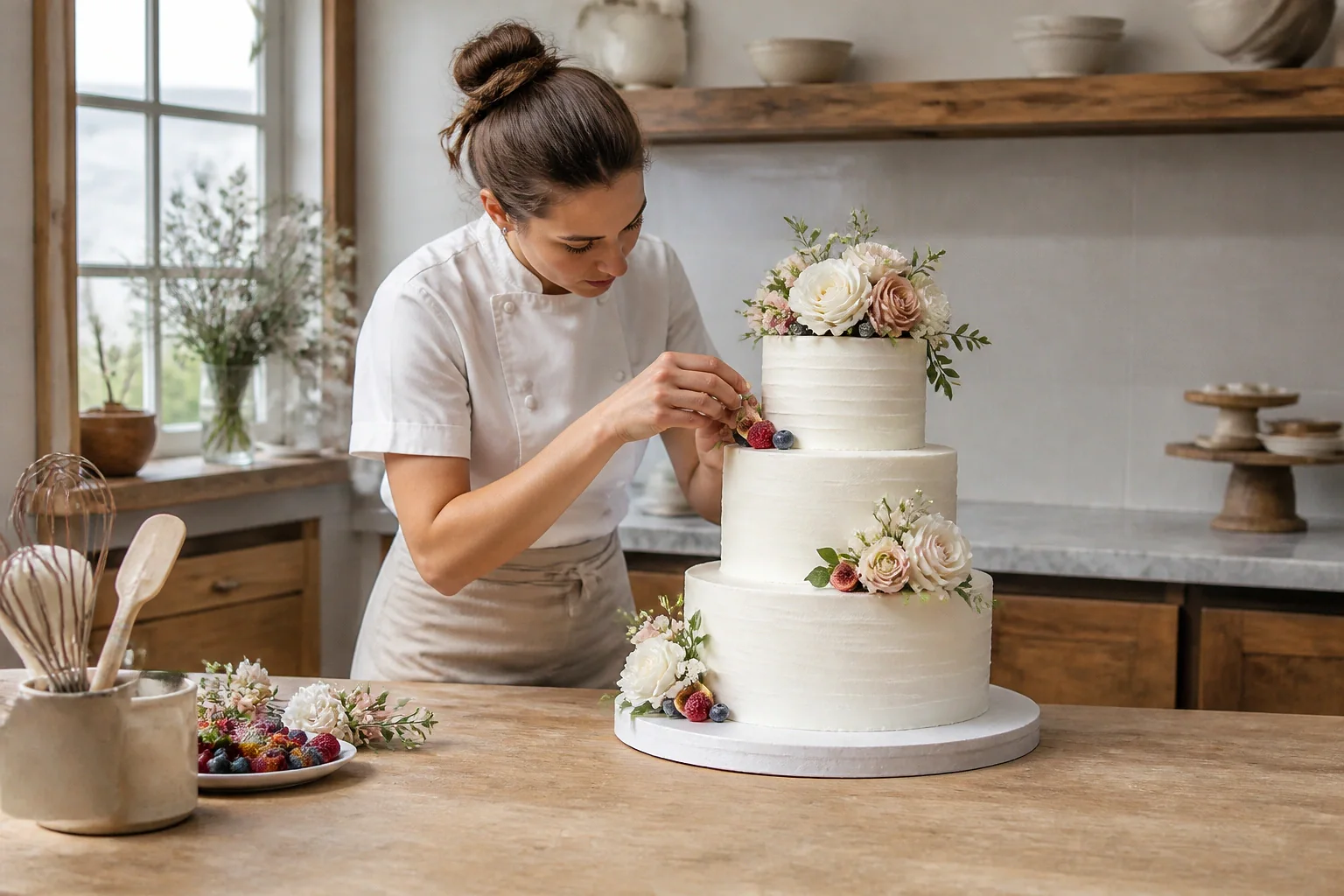 Gâteau de mariage préparé dans un atelier — illustration générée par IA