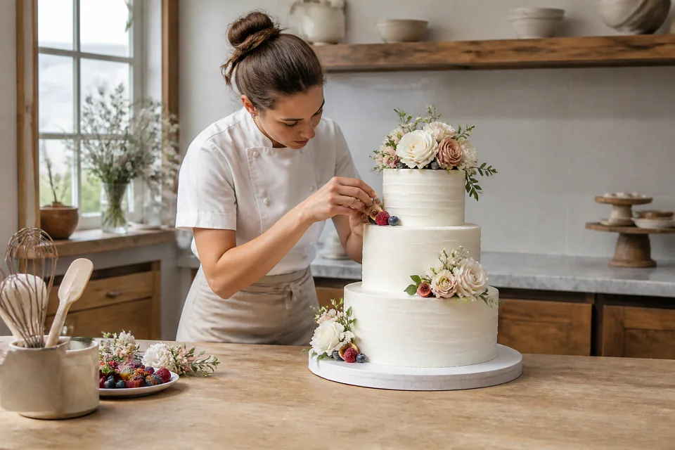 Gâteau de mariage préparé dans un atelier — illustration générée par IA