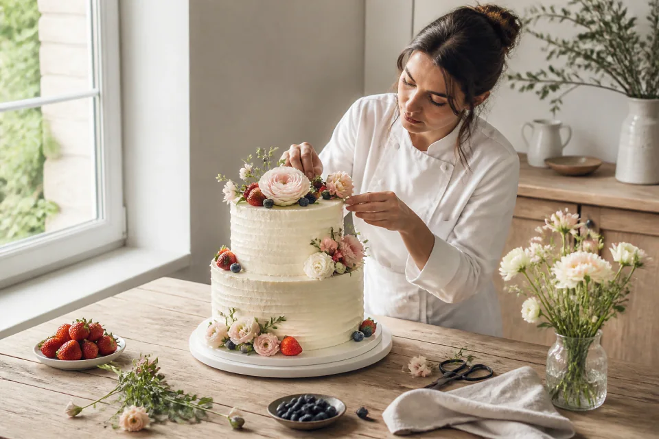 Gâteau de mariage préparé dans un atelier — illustration générée par IA