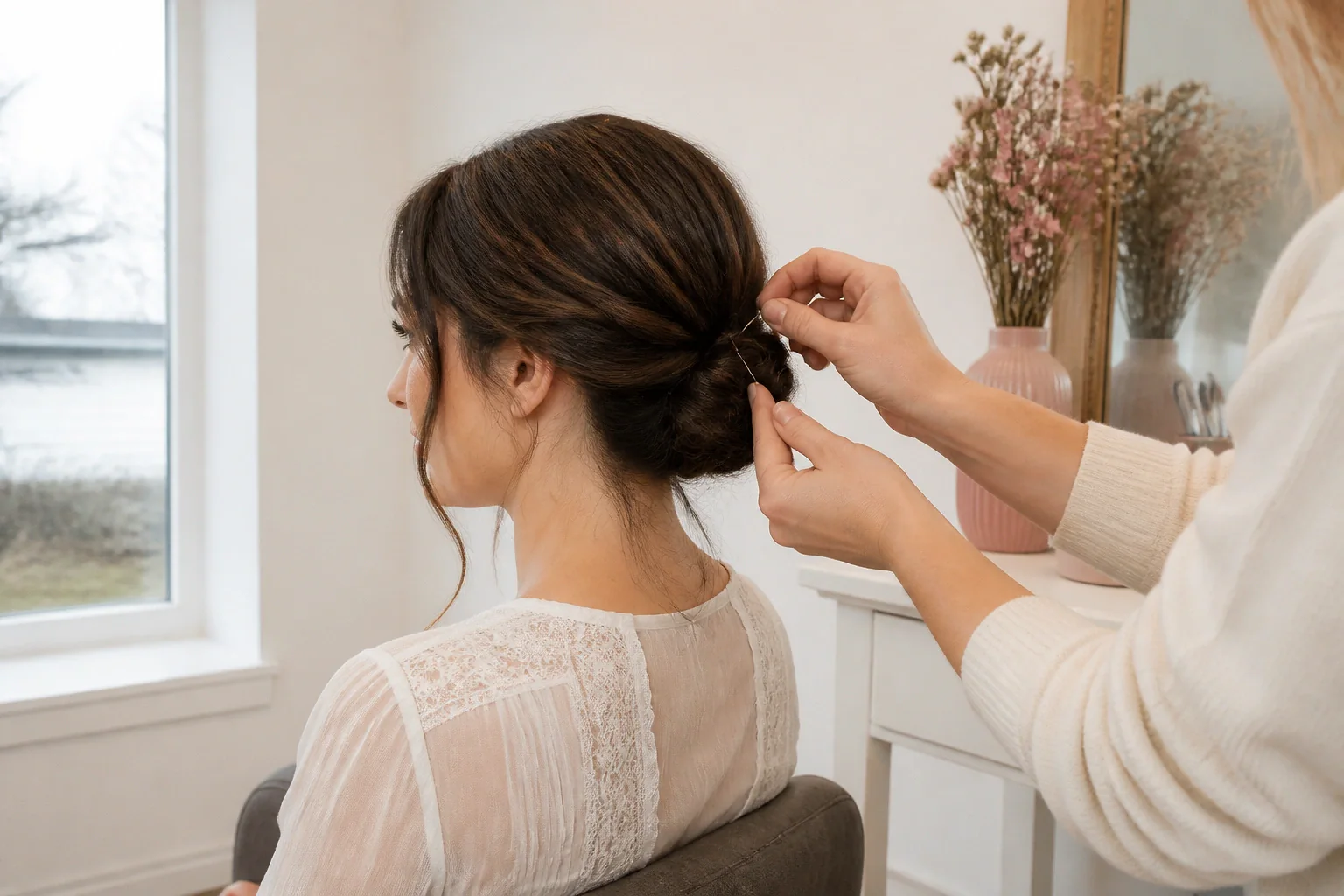 Coiffure de cérémonie vue pendant la préparation — illustration générée par IA
