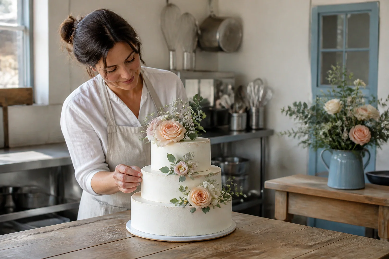 Gâteau de mariage préparé dans un atelier — illustration générée par IA