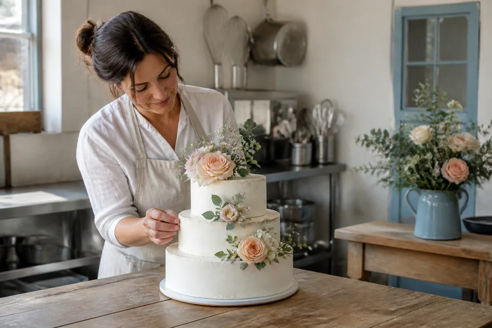 Gâteau de mariage préparé dans un atelier — illustration générée par IA