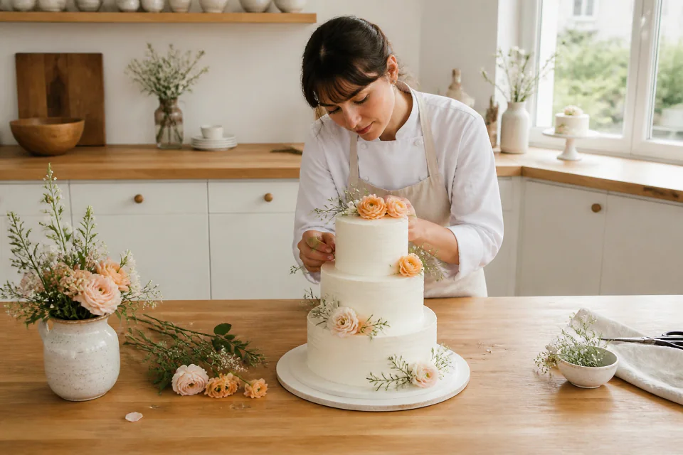 Gâteau de mariage préparé dans un atelier — illustration générée par IA