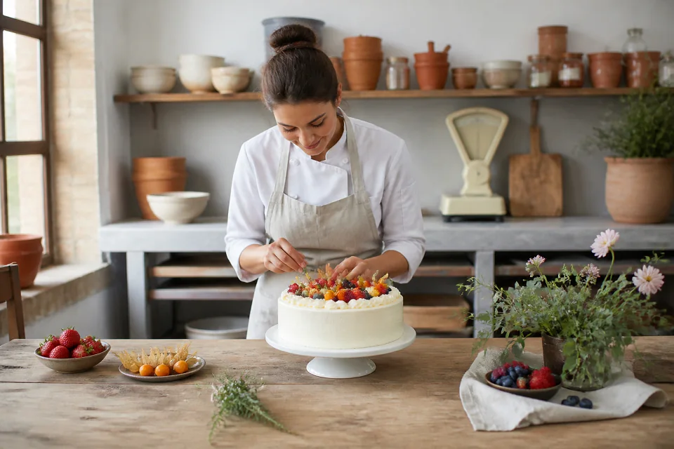 Gâteau de mariage préparé dans un atelier — illustration générée par IA