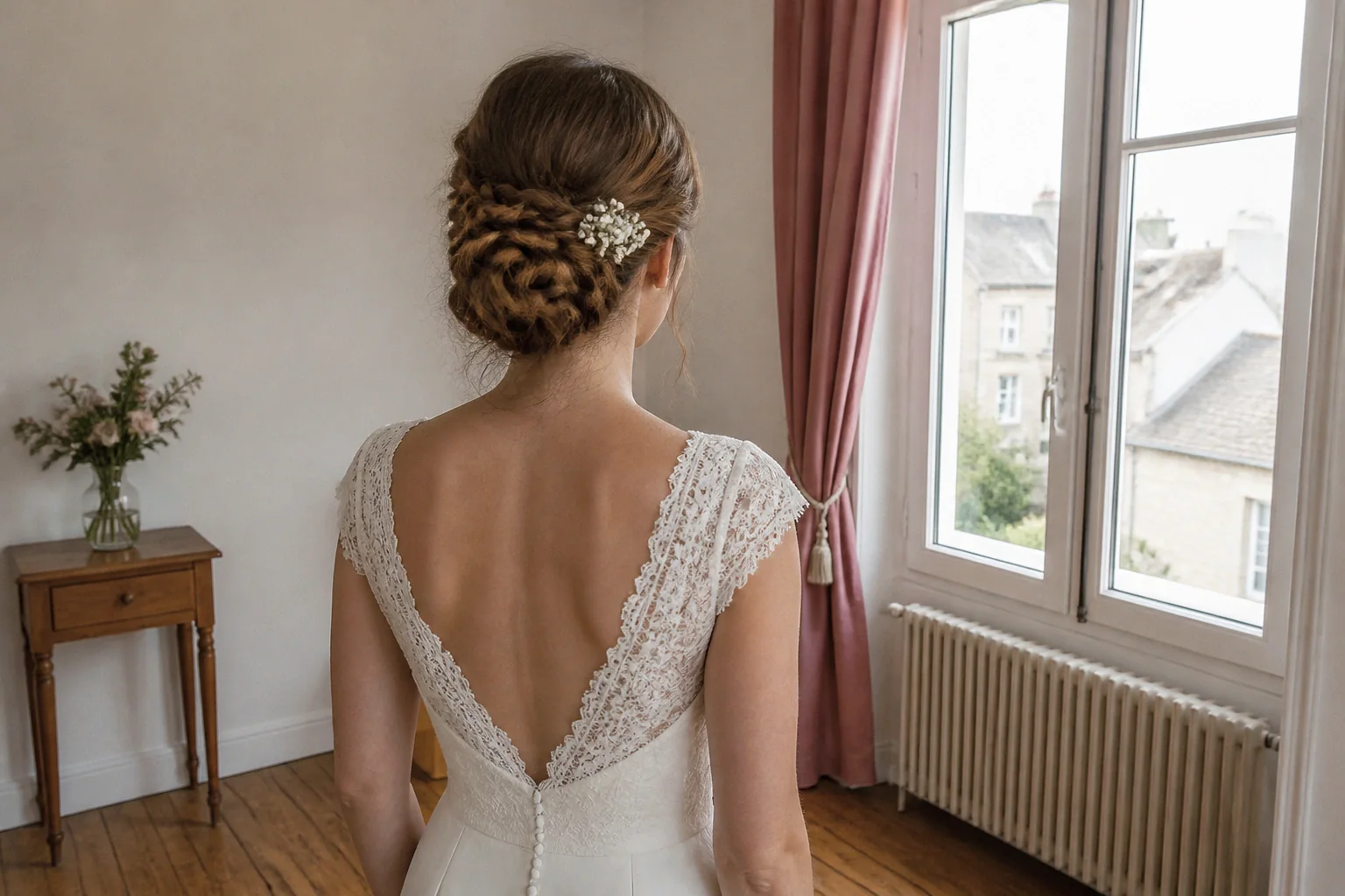 Coiffure de cérémonie vue pendant la préparation — illustration générée par IA