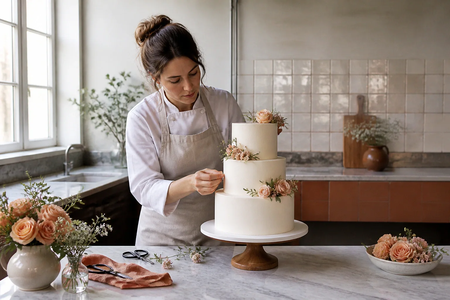 Gâteau de mariage préparé dans un atelier — illustration générée par IA