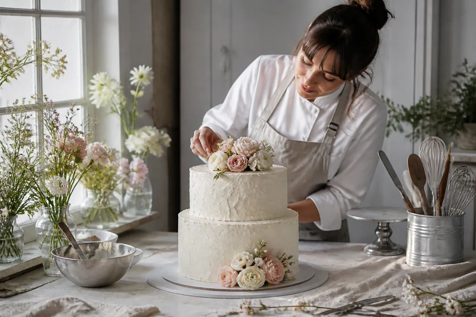 Gâteau de mariage préparé dans un atelier — illustration générée par IA