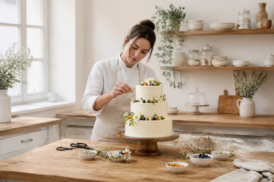 Gâteau de mariage préparé dans un atelier — illustration générée par IA