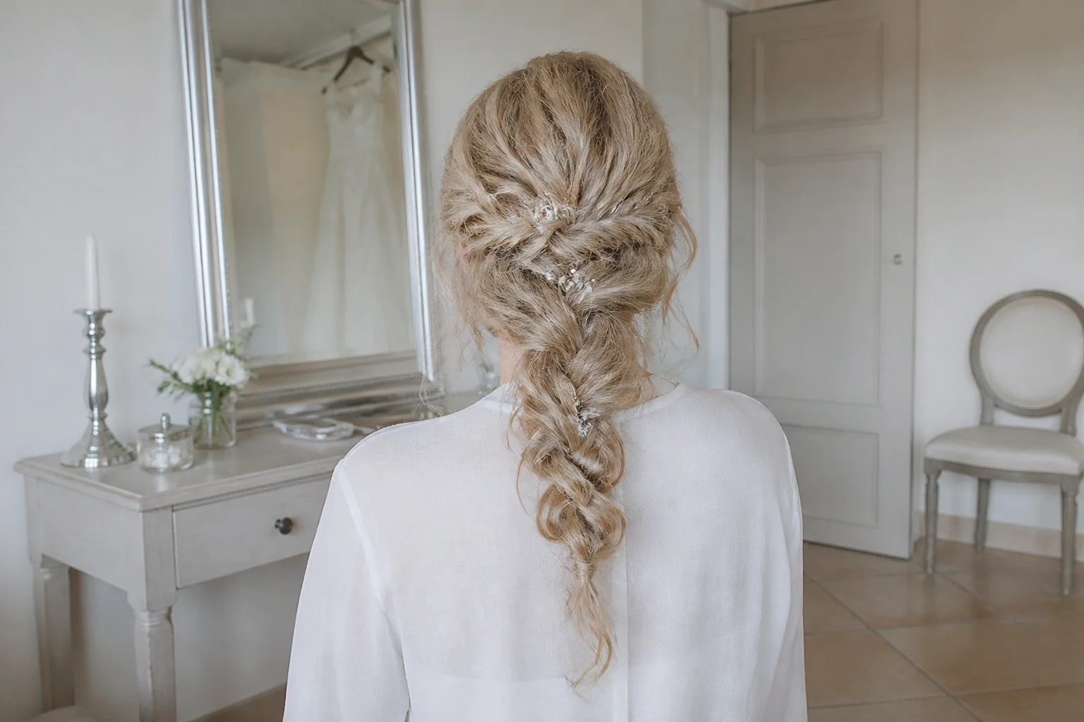 Coiffure de cérémonie vue pendant la préparation — illustration générée par IA