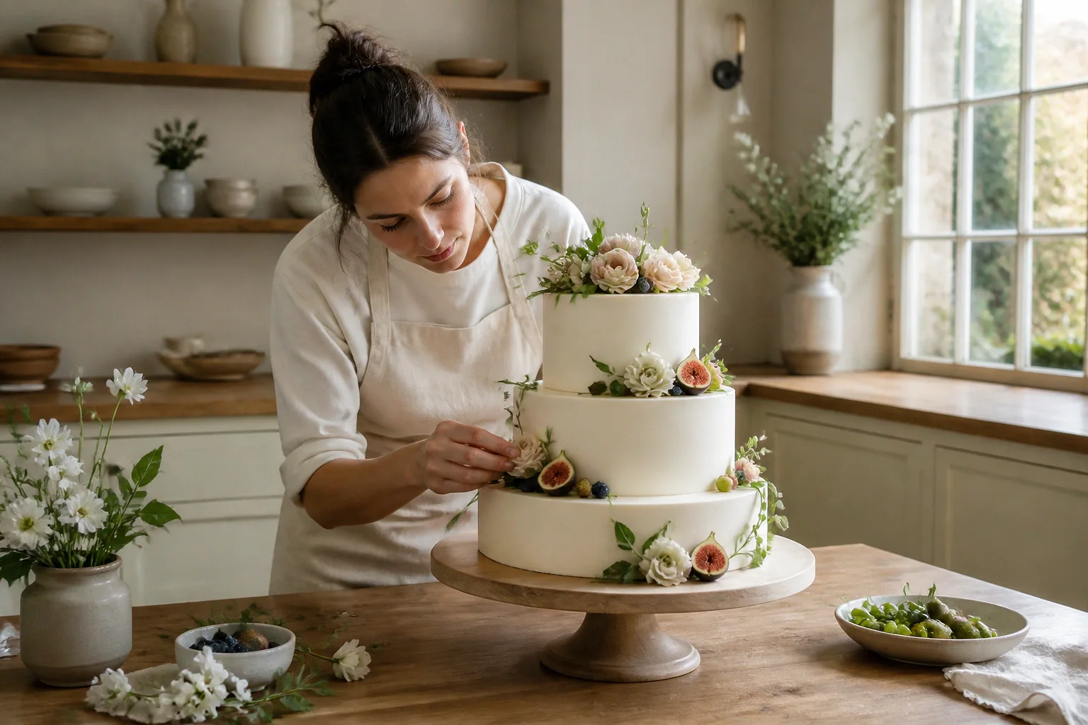 Gâteau de mariage préparé dans un atelier — illustration générée par IA