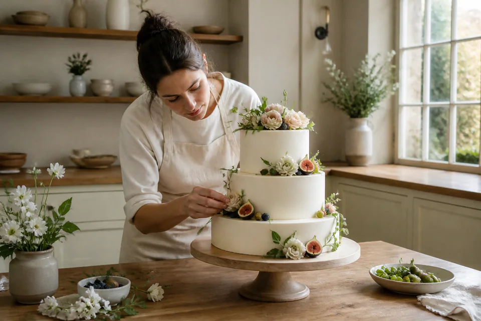 Gâteau de mariage préparé dans un atelier — illustration générée par IA