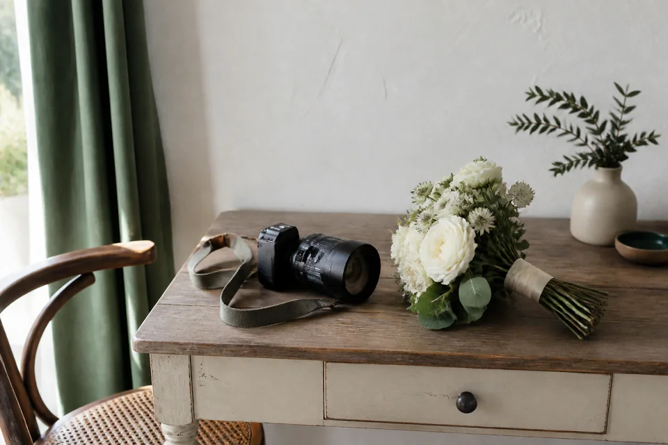 Appareil photo et accessoires de reportage de mariage — illustration générée par IA