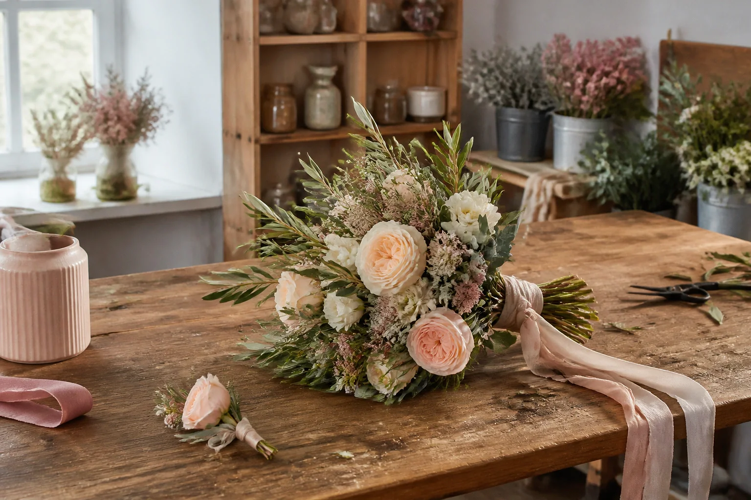 Préparation florale pour un mariage — illustration générée par IA