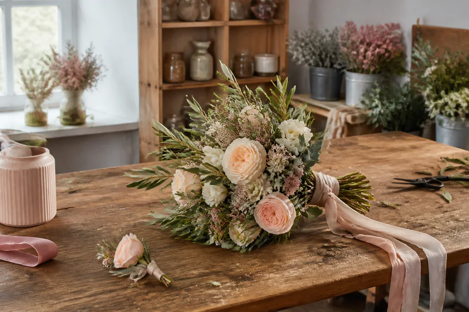 Préparation florale pour un mariage — illustration générée par IA