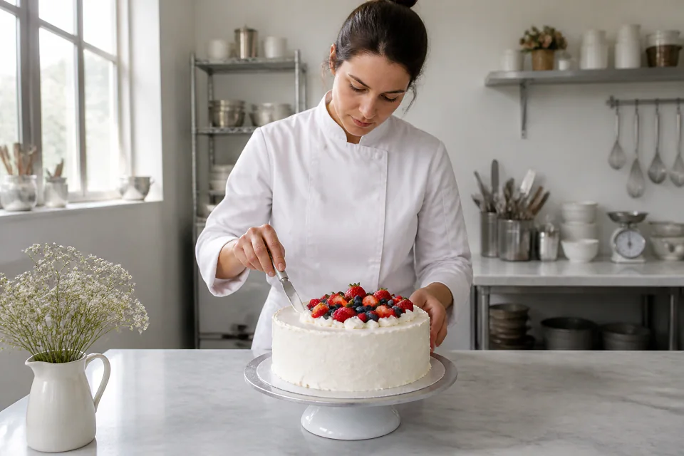 Gâteau de mariage préparé dans un atelier — illustration générée par IA