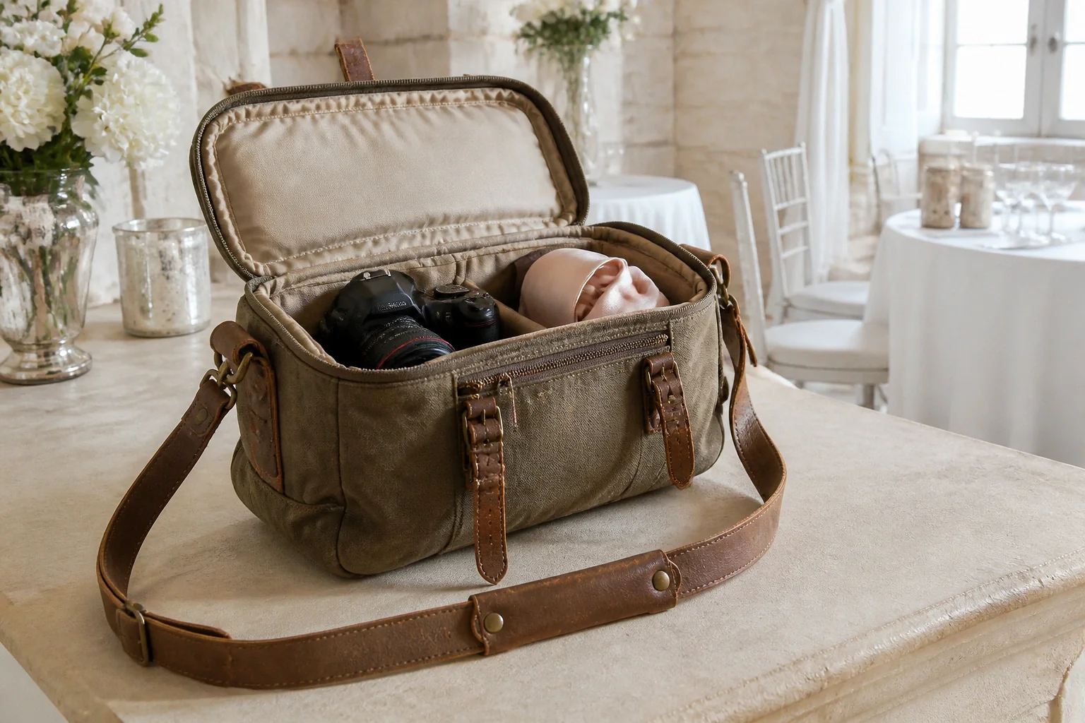 Appareil photo et accessoires de reportage de mariage — illustration générée par IA