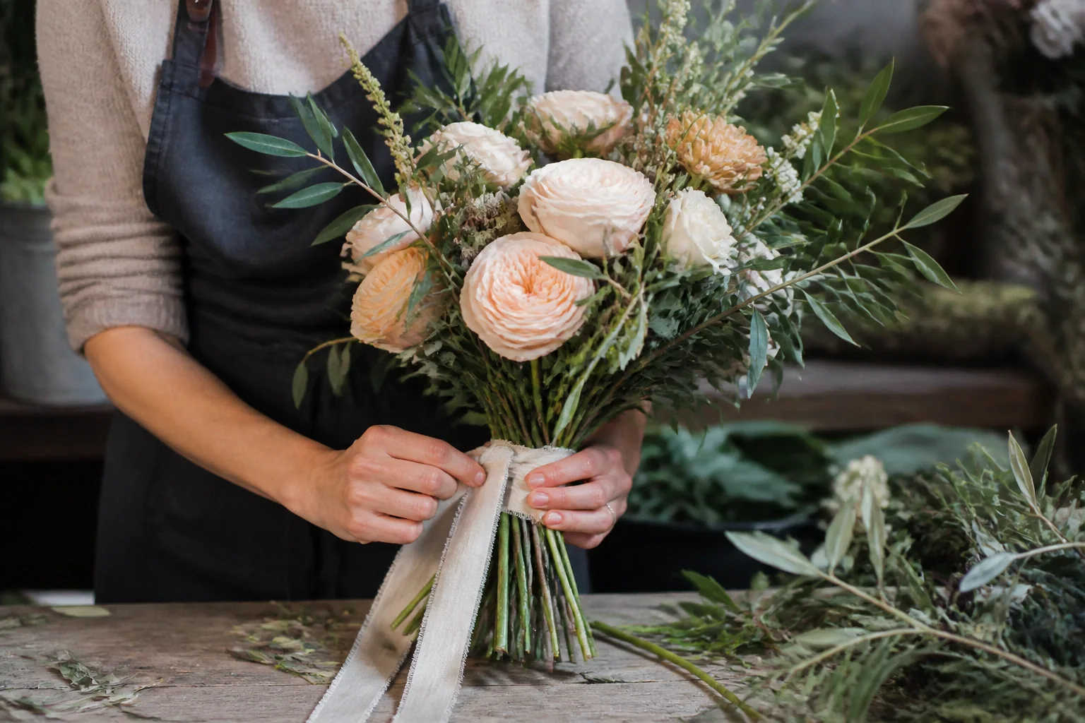 Préparation florale pour un mariage — illustration générée par IA