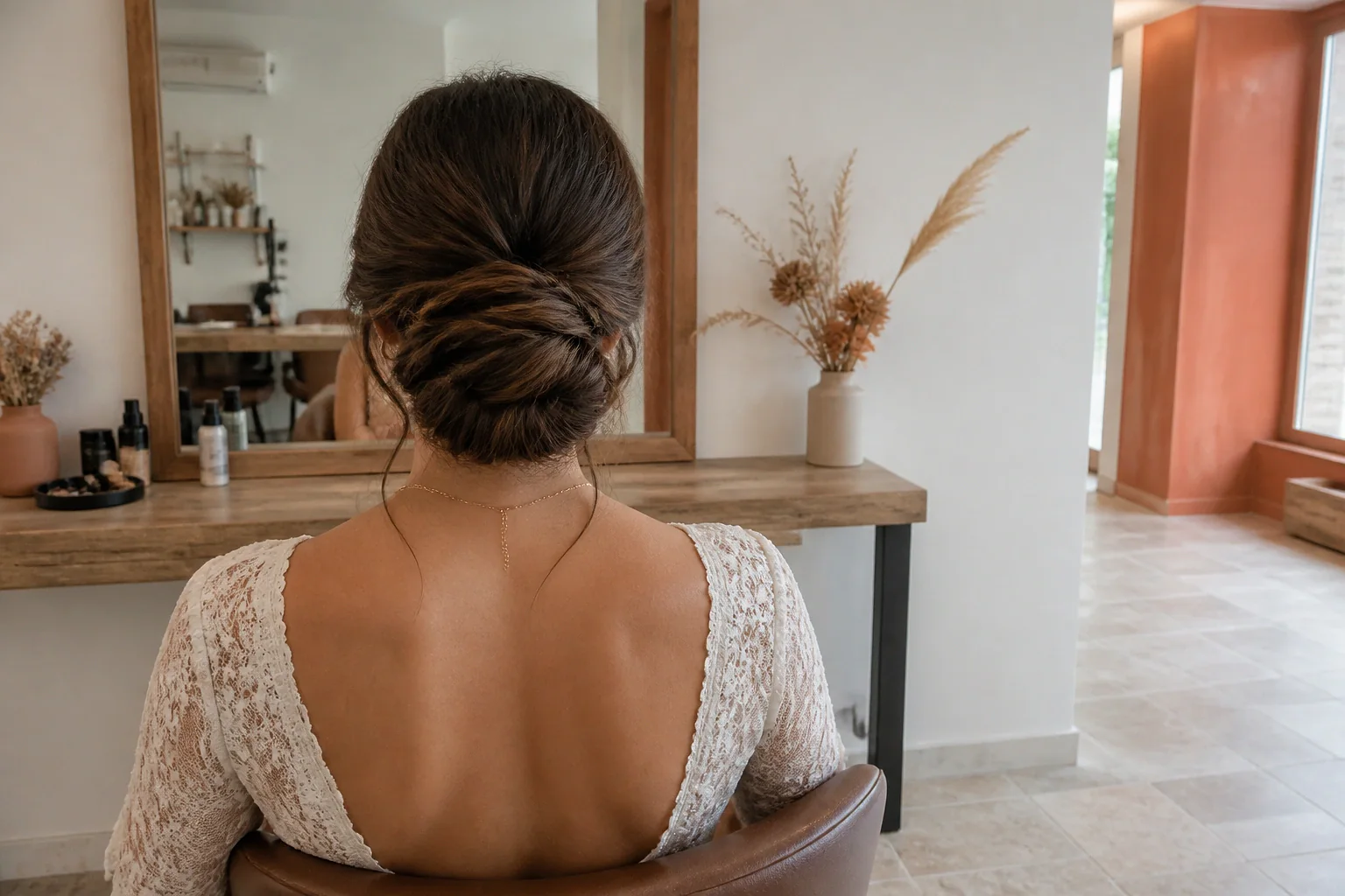 Coiffure de cérémonie vue pendant la préparation — illustration générée par IA