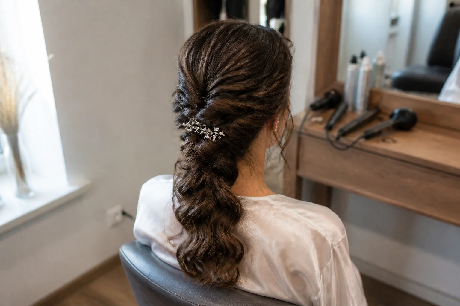 Coiffure de cérémonie vue pendant la préparation — illustration générée par IA