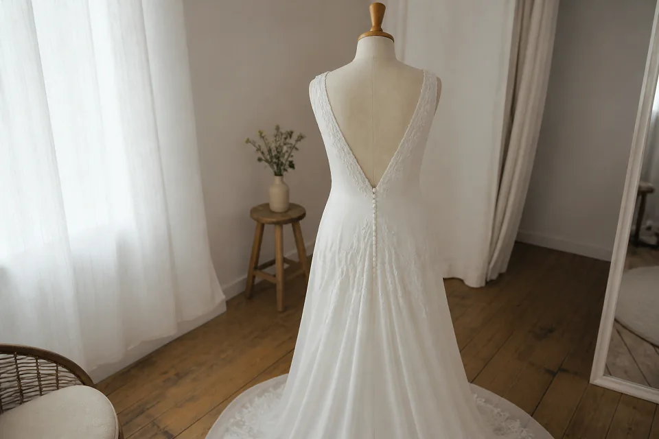 Robe de mariée dans un atelier de confection — illustration générée par IA