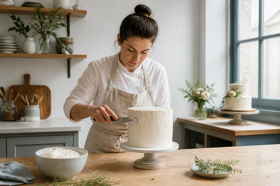 Gâteau de mariage préparé dans un atelier — illustration générée par IA