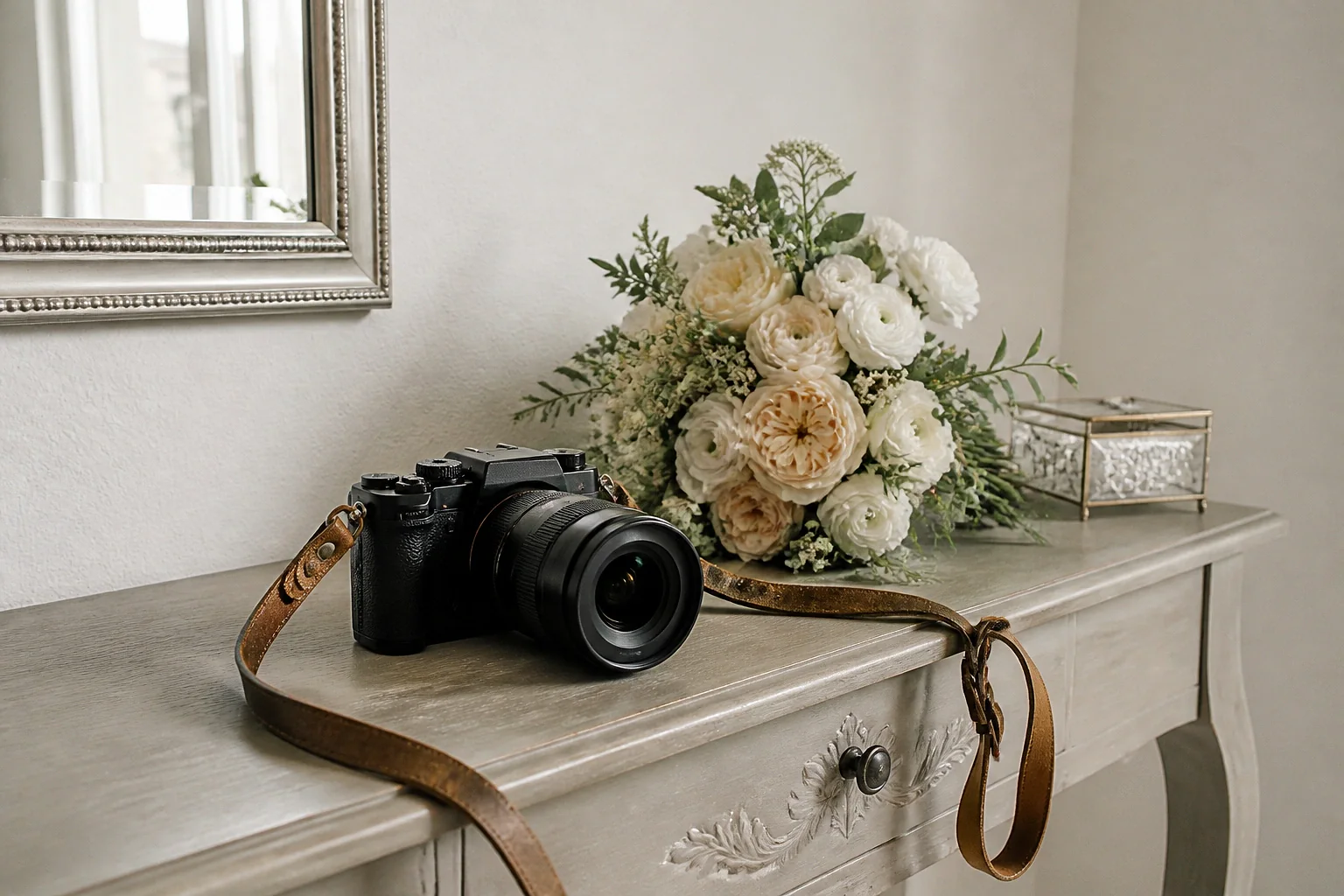 Appareil photo et accessoires de reportage de mariage — illustration générée par IA