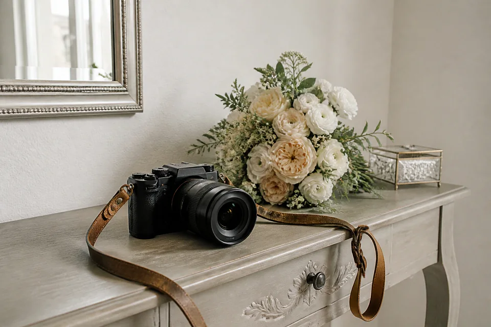 Appareil photo et accessoires de reportage de mariage — illustration générée par IA