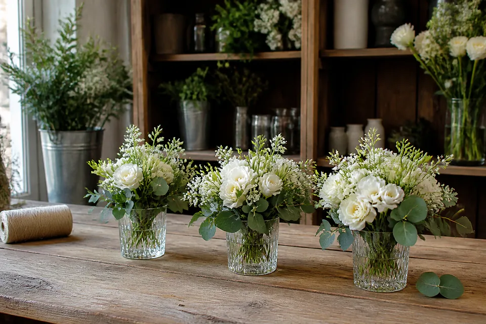 Préparation florale pour un mariage — illustration générée par IA