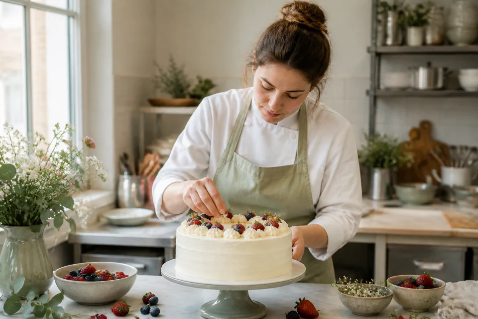 Gâteau de mariage préparé dans un atelier — illustration générée par IA