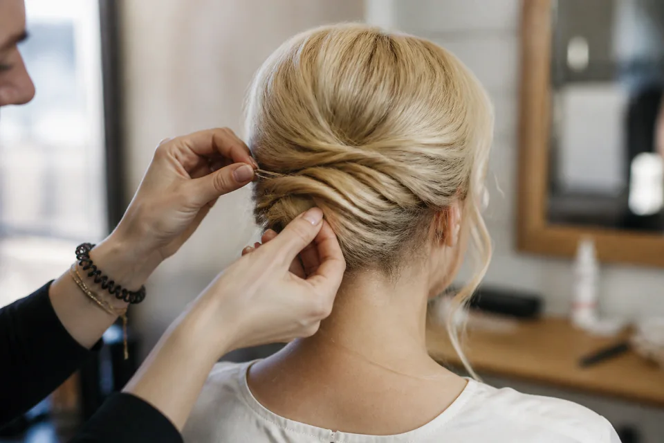 Coiffure de cérémonie vue pendant la préparation — illustration générée par IA
