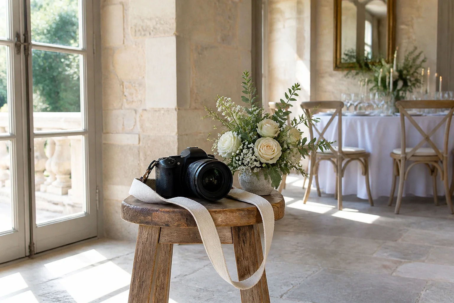 Appareil photo et accessoires de reportage de mariage — illustration générée par IA