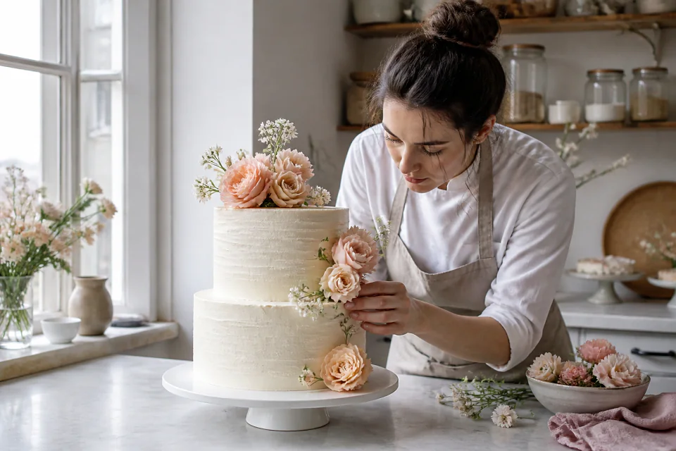 Gâteau de mariage préparé dans un atelier — illustration générée par IA
