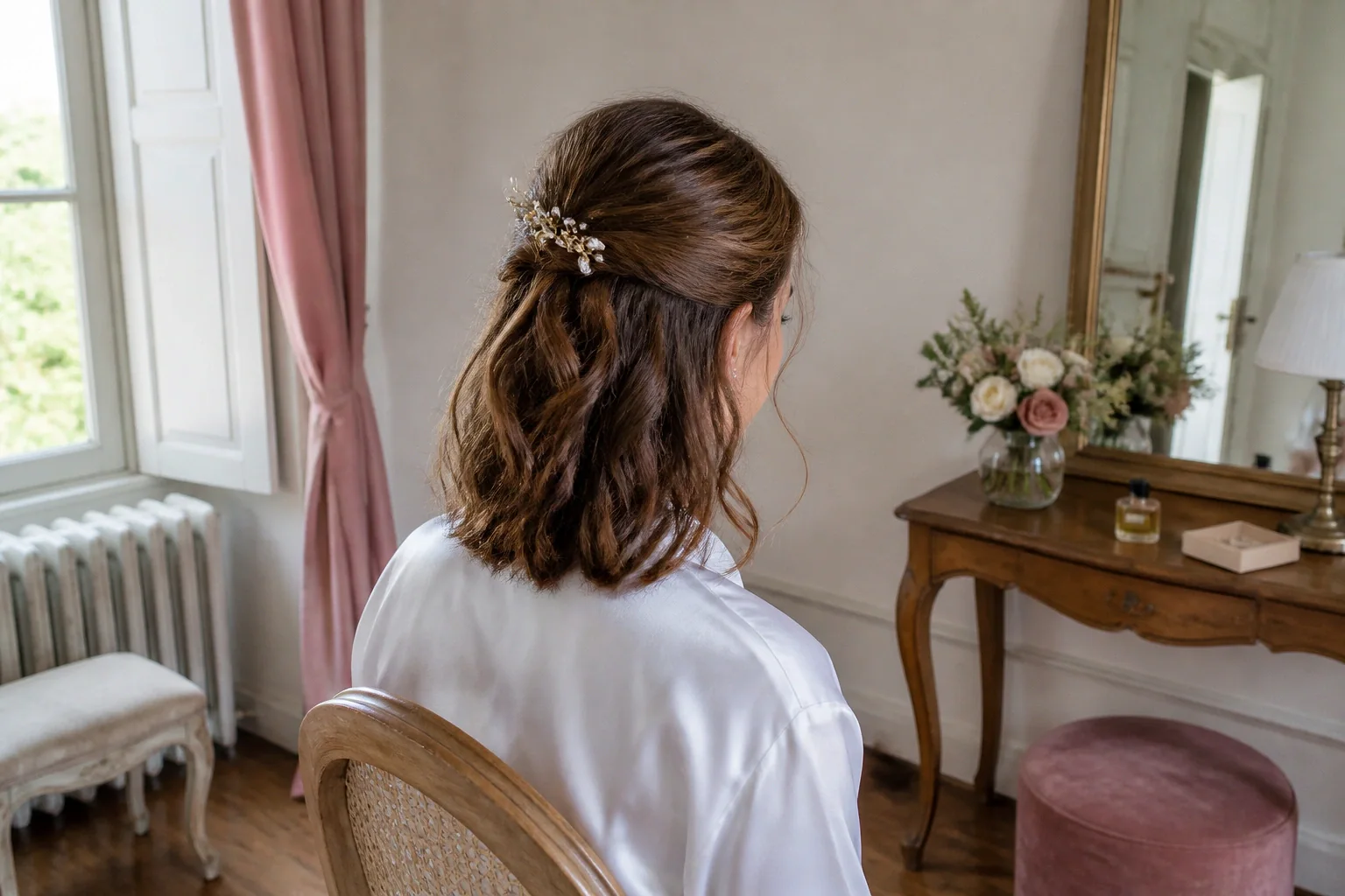 Coiffure de cérémonie vue pendant la préparation — illustration générée par IA