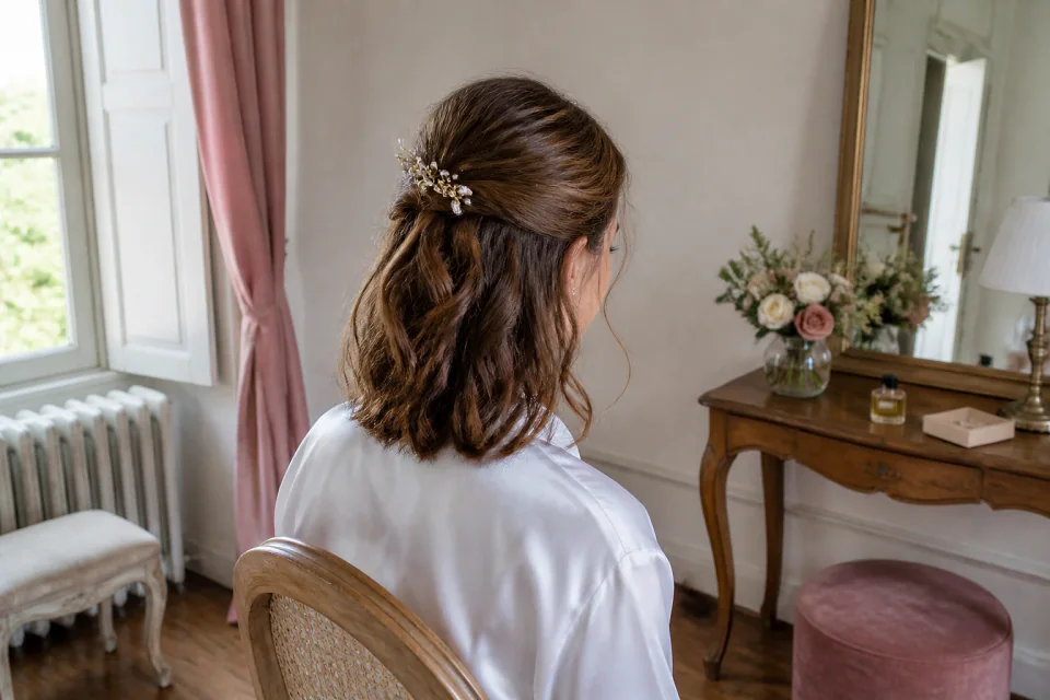 Coiffure de cérémonie vue pendant la préparation — illustration générée par IA