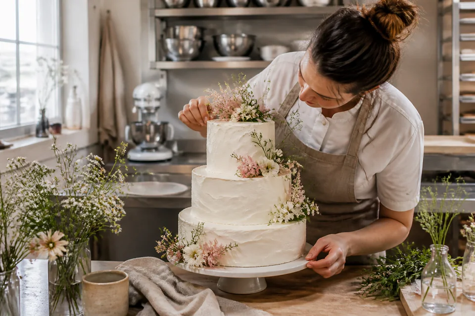Gâteau de mariage préparé dans un atelier — illustration générée par IA