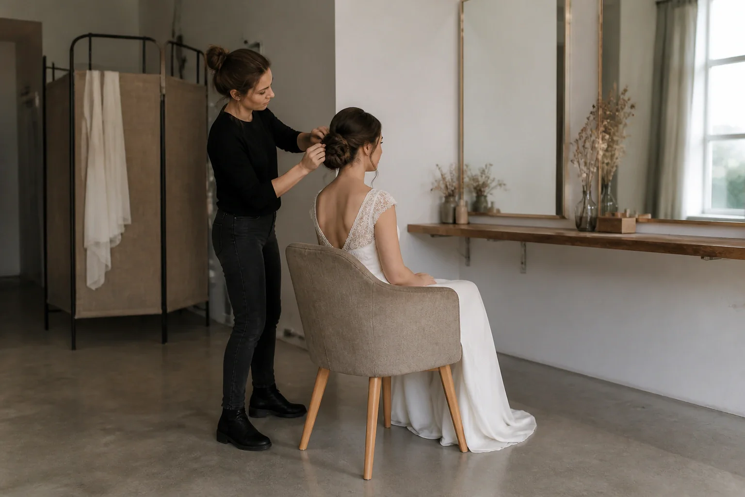 Coiffure de cérémonie vue pendant la préparation — illustration générée par IA