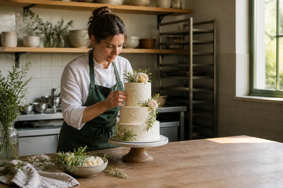 Gâteau de mariage préparé dans un atelier — illustration générée par IA