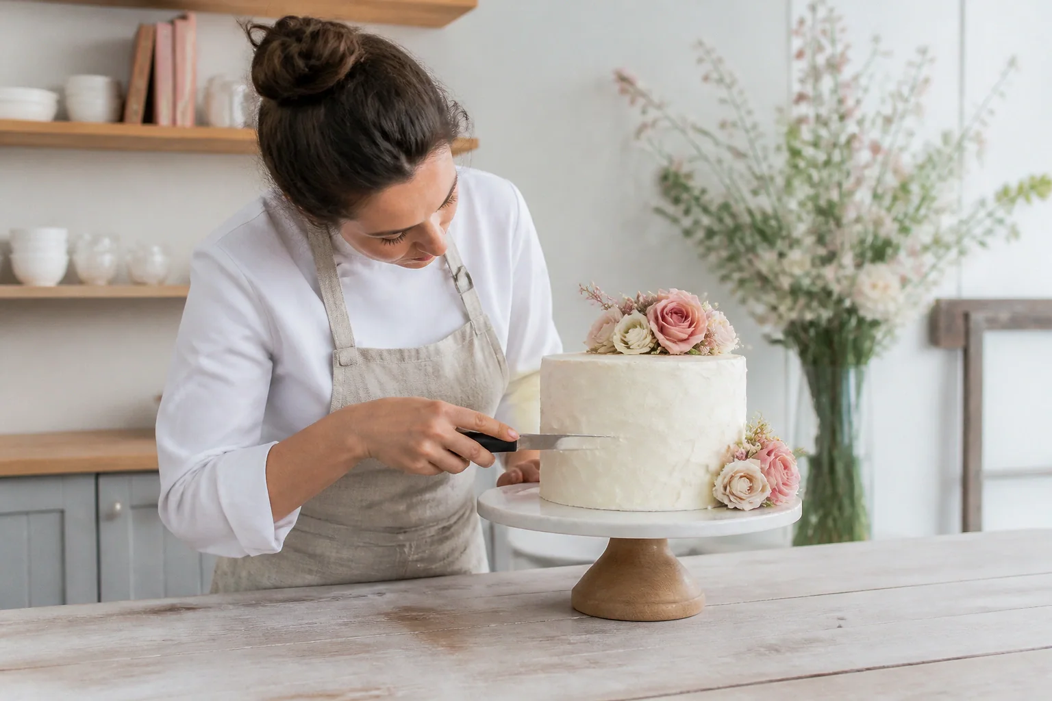 Gâteau de mariage préparé dans un atelier — illustration générée par IA